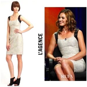 L'AGENCE Revolve Metallic Tweed with Lamb Leather Trim Shift Dress Sz. 6